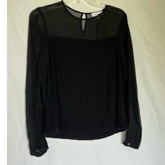 Calvin Klein Women's Black Pleated Long Sleeve Blouse Size S Sheer with buttons - Picture 2 of 7